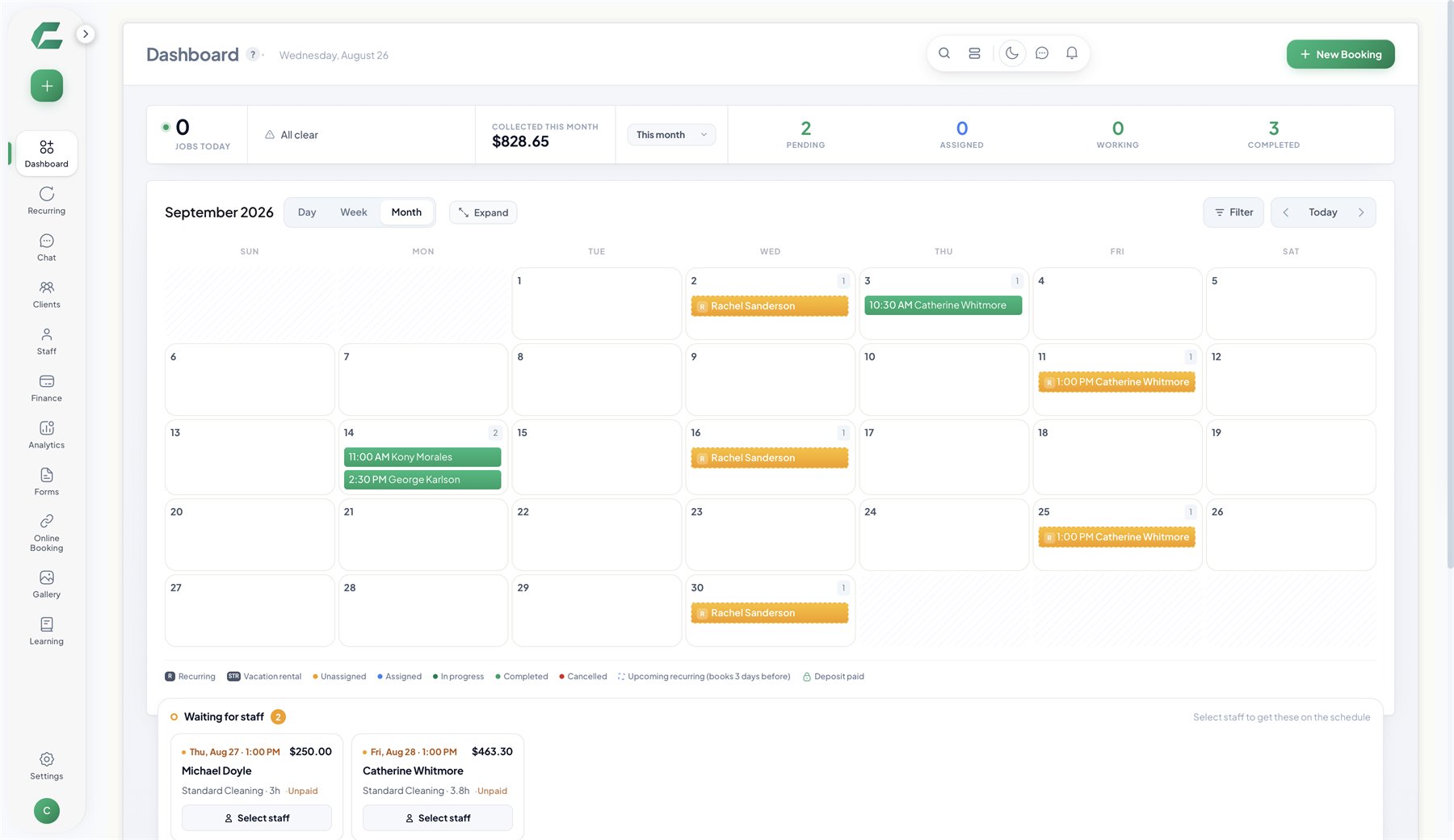 Crewty dashboard with a monthly job calendar